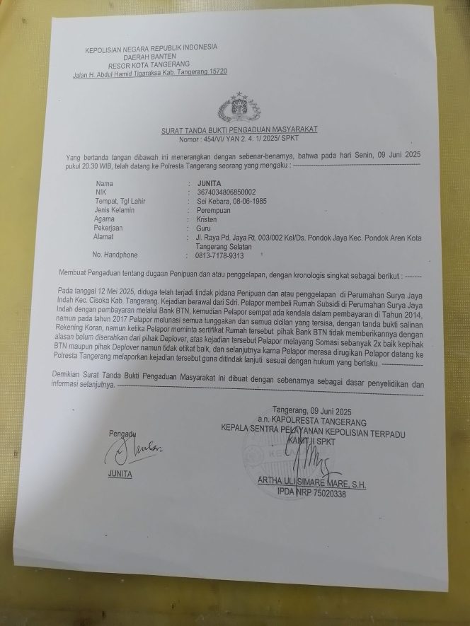 
					Junita Mengadukan PT. Graha Surya Arta Pratama ke Polresta Tangerang Terkait Dugaan Penipuan dan Penggelapan