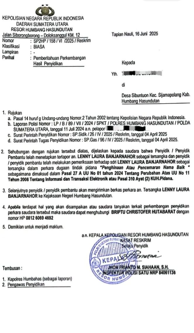 
					Masyarakat Humbang Hasundutan Apresiasi Kinerja Kapolda Sumut dan Polres Humbahas: Lenni Laura Banjarnahor Resmi Jadi Tersangka Kasus Pencemaran Nama Baik
