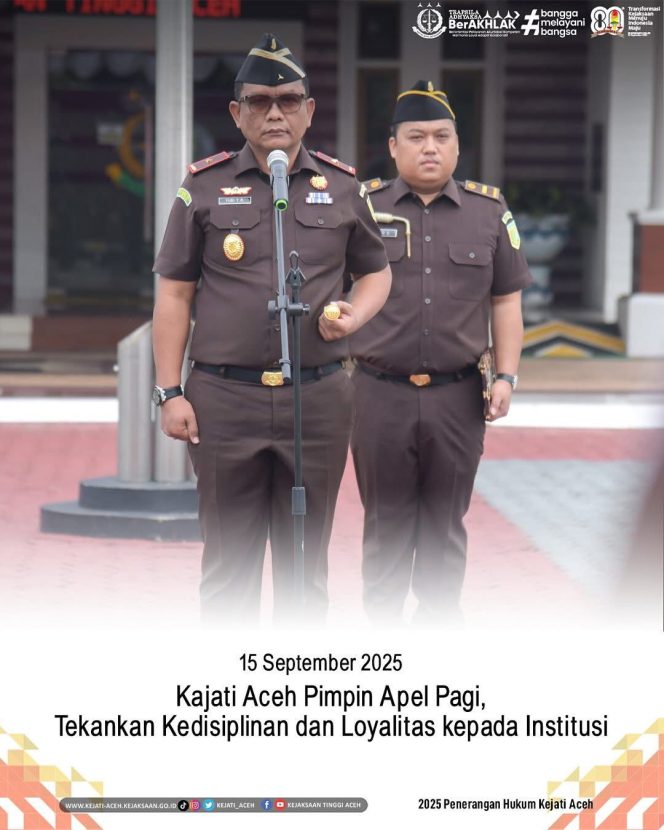 
					Kajati Aceh menegaskan bahwa kedisiplinan merupakan wujud nyata dari sikap profesionalitas dan tanggung jawab setiap insan Adhyaksa