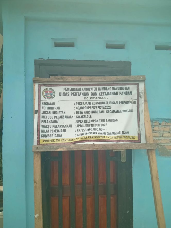 
					Pekerjaan Konstruksi irigasi Perpompaan Kelompok Tani Saoloan Desa Parsengguran1, Asal Jadi.